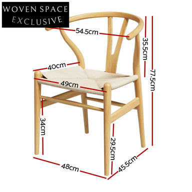 1 Set of 2 Artiss Dining Chairs Wooden Rattan Seat Wishbone Back Dining Chairs