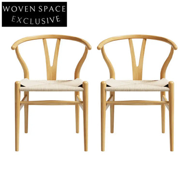1 Set of 2 Artiss Dining Chairs Wooden Rattan Seat Wishbone Back Dining Chairs