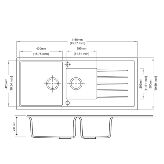 1160 x 500 x 205mm Carysil 1 and A Half Bowl With Drainer Board Granite Kitchen Sink Top/Flush/Under Mount