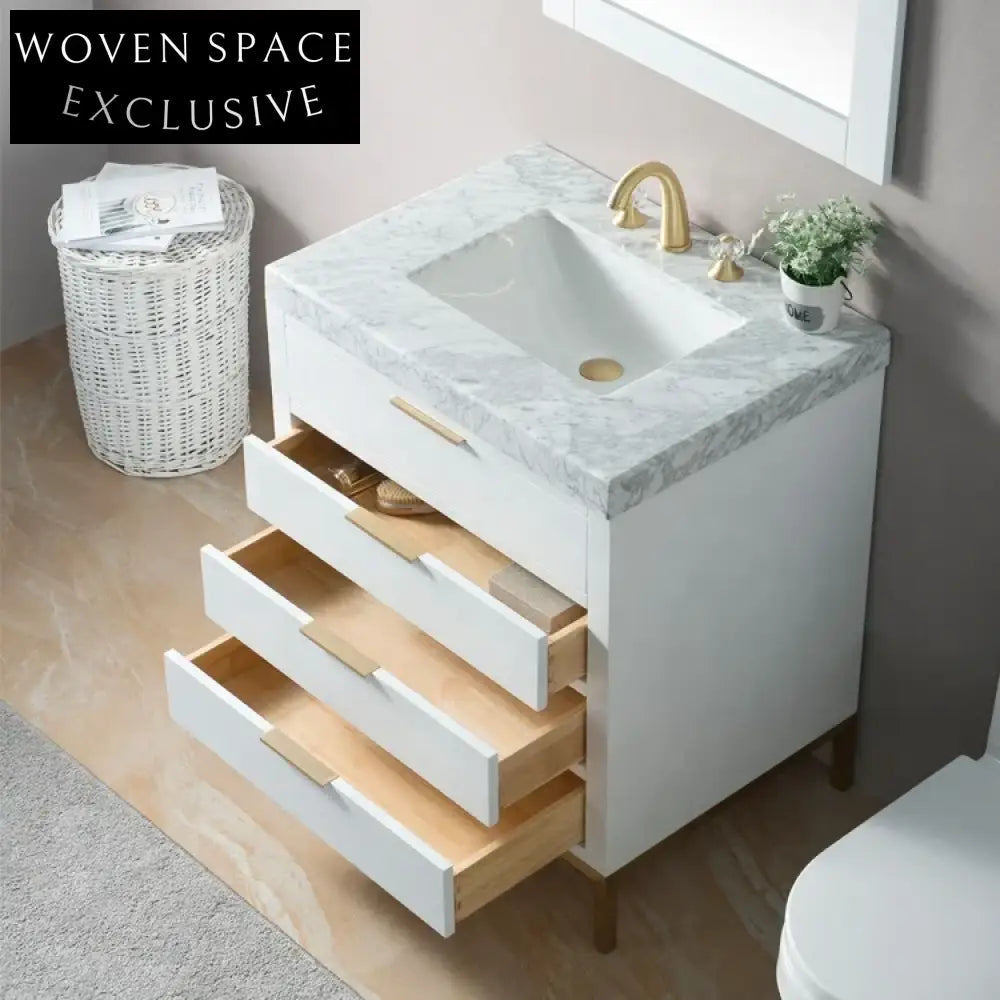 36 Inch Floating Marble Top Plywood Bathroom Vanity Unit With Sink