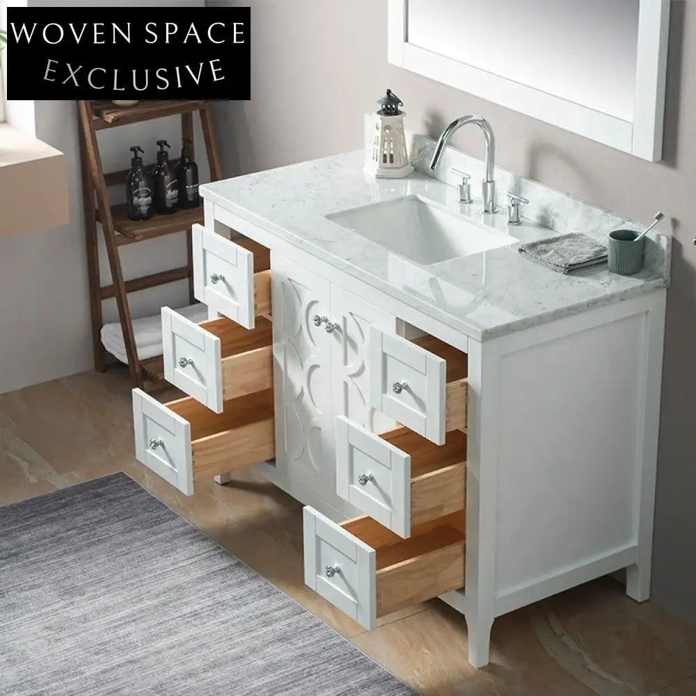 48-inch Classical Luxury White Floor-Mounted Basin with Mirror Bathroom Vanity