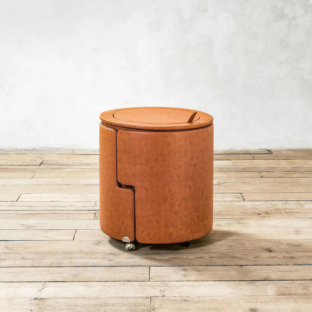 Mid-Century Wood Vanity Dressing Table with Round Mirror & Leather Stool