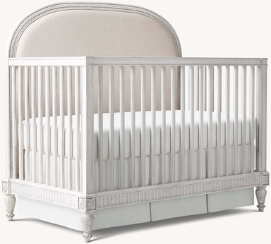 Opulent Victorian Convertible Baby Crib Distressed White Upholstered Mahogany Wood