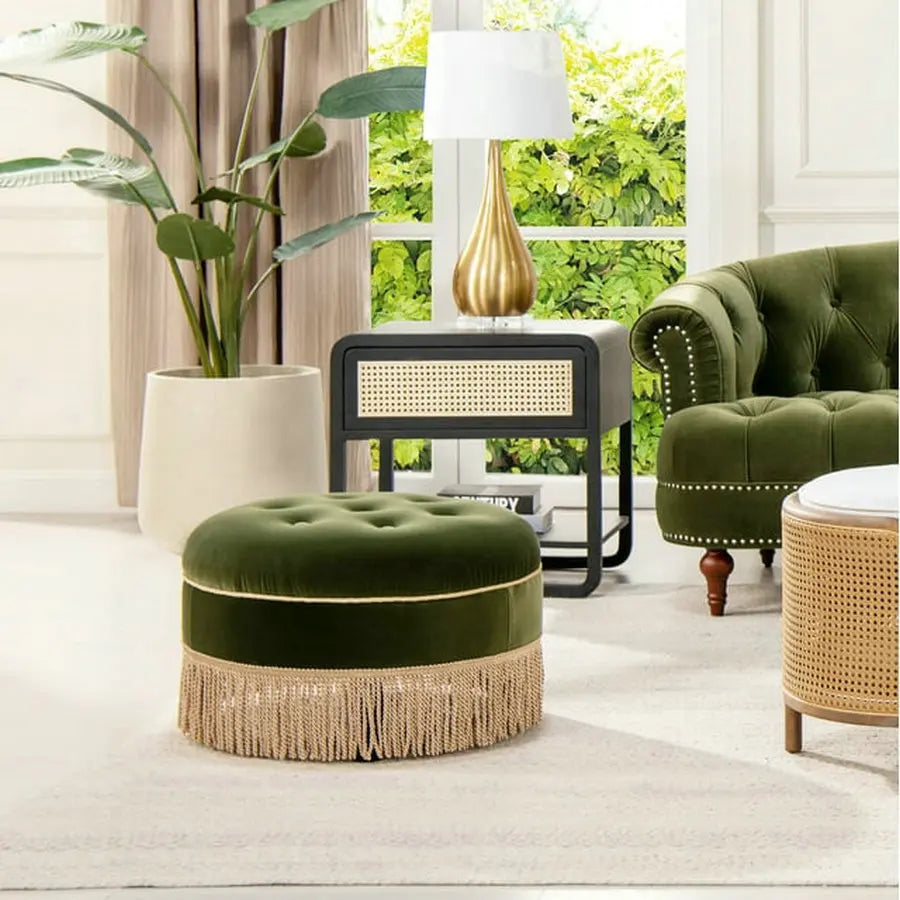 Luxurious Round Tufted Velvet Ottoman with Tassel Fringe, Elegant Accent Footstool for Home