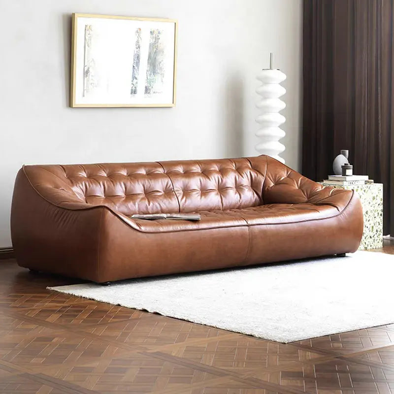 Mid-Century Modern Tan Synthetic Leather 3-Seat Sectional Sleeper Sofa Couch
