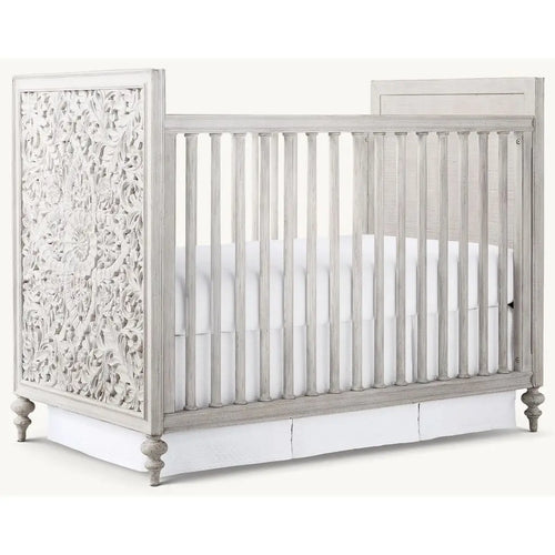 Artisan Carved Distressed White Mahogany Baby Crib - Victorian Nursery Cot