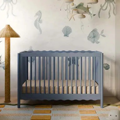 Premium Mahogany Convertible Baby Crib - Muted Blue Coastal Toddler Bed
