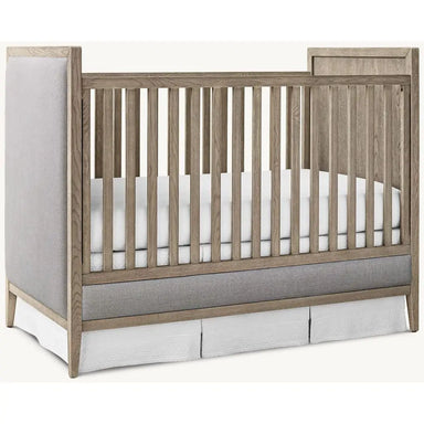 Modern Solid Teak Wood Convertible Baby Crib with Grey Upholstered Panels