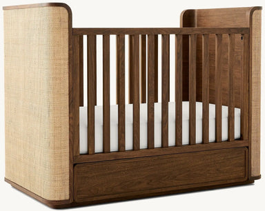 Mid-Century Modern Mahogany Wood Convertible Baby Crib with Cane Storage