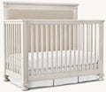 Elegant Convertible Baby Crib: Upholstered Headboard, Distressed Mahogany Wood Nursery