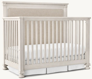 Elegant Convertible Baby Crib: Upholstered Headboard, Distressed Mahogany Wood Nursery