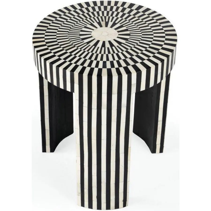 Hand-Cut Bone Inlay Round Coffee Table - Black & White Accent