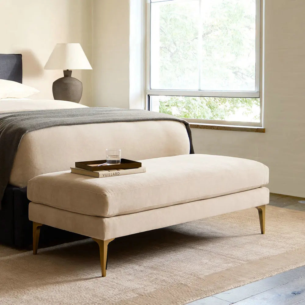 Modern Velvet Ottoman Bench, Gold Stainless Steel Legs, Elegant Living Room Footstool