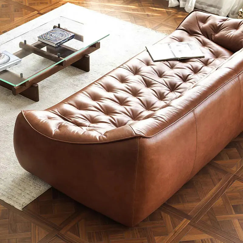 Mid-Century Modern Tan Synthetic Leather 3-Seat Sectional Sleeper Sofa Couch