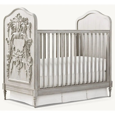 Luxury French Hand-Carved Mahogany Baby Crib with Distressed White Finish