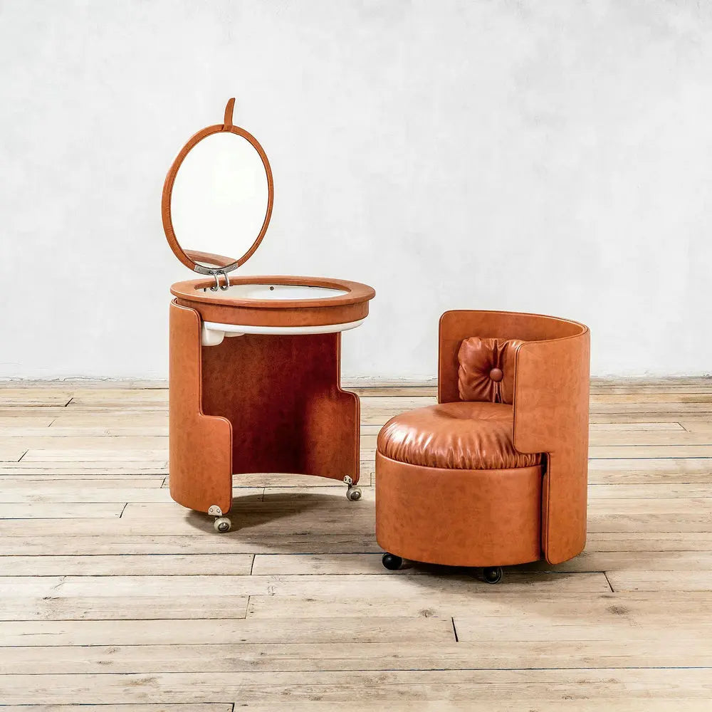 Mid-Century Wood Vanity Dressing Table with Round Mirror & Leather Stool