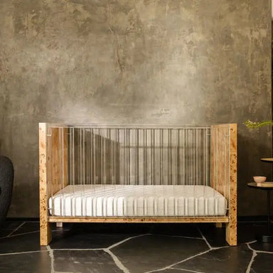 Handcrafted Teak Wood Baby Crib with Transparent Panels, Modern Nursery Cot
