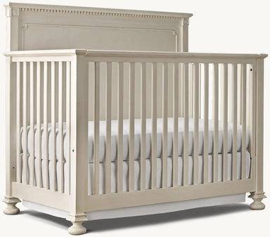 Luxury Antique White Solid Mahogany Convertible Baby Crib with Ornate Headboard