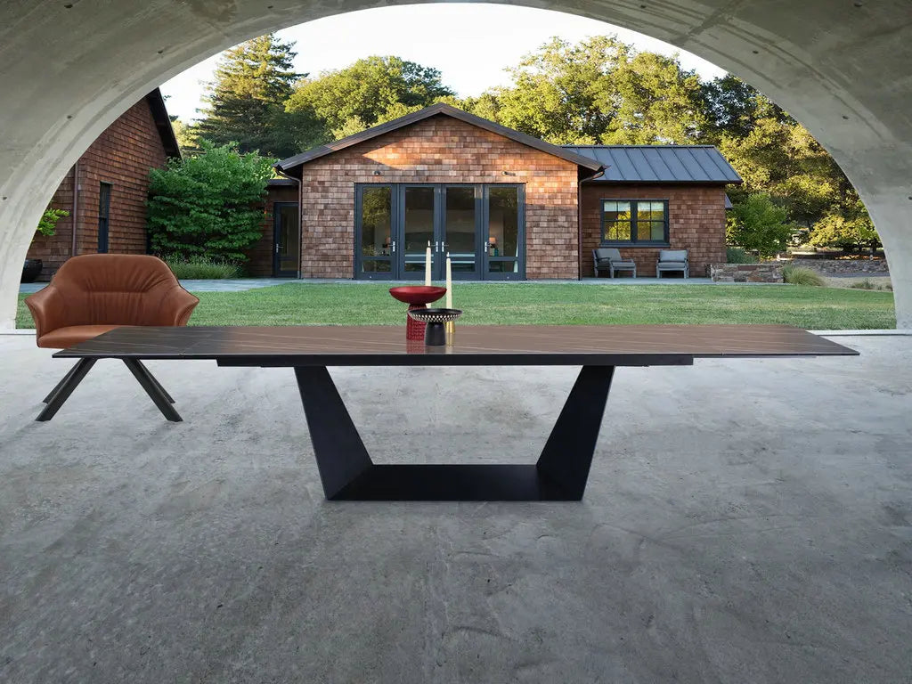 Modern Extendable Ceramic Top Dining Table, Space-Saving Metal Rectangular Restaurant Set