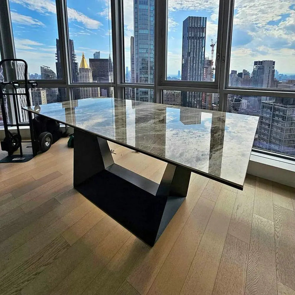 Modern Extendable Ceramic Top Dining Table, Space-Saving Metal Rectangular Restaurant Set