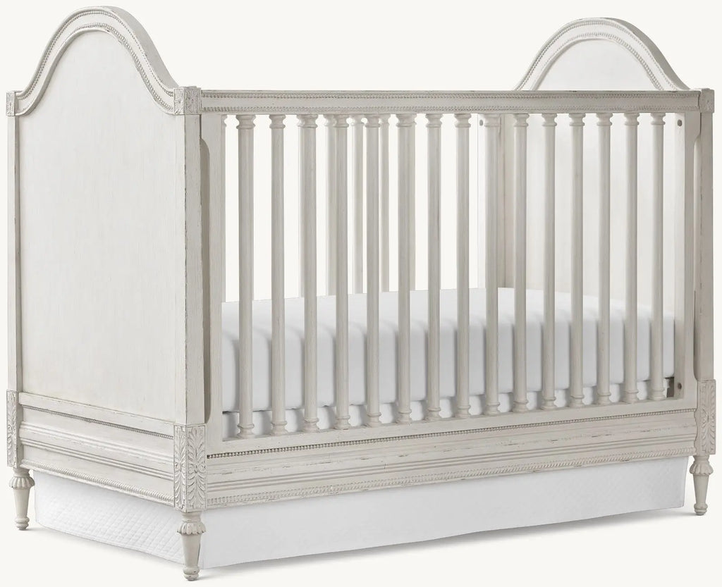 Elegant French Country Convertible Baby Crib, Hand-Carved Mahogany, Distressed White Finish