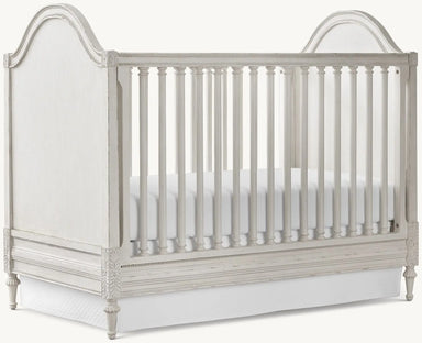 Elegant French Country Convertible Baby Crib, Hand-Carved Mahogany, Distressed White Finish