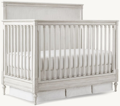 Handcrafted Distressed White Mahogany French Style Convertible Baby Crib with Carvings