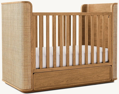 Premium Teak Wood Convertible Baby Crib, Handwoven Rattan, Integrated Storage