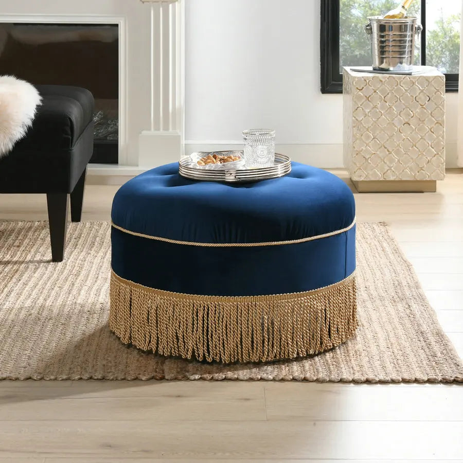 Luxurious Round Tufted Velvet Ottoman with Tassel Fringe, Elegant Accent Footstool for Home