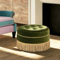 Luxurious Round Tufted Velvet Ottoman with Tassel Fringe, Elegant Accent Footstool for Home