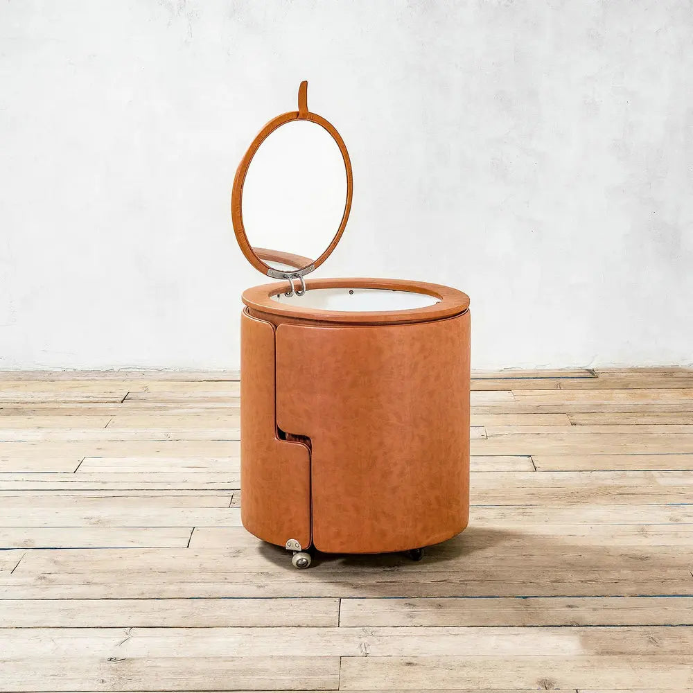 Mid-Century Wood Vanity Dressing Table with Round Mirror & Leather Stool