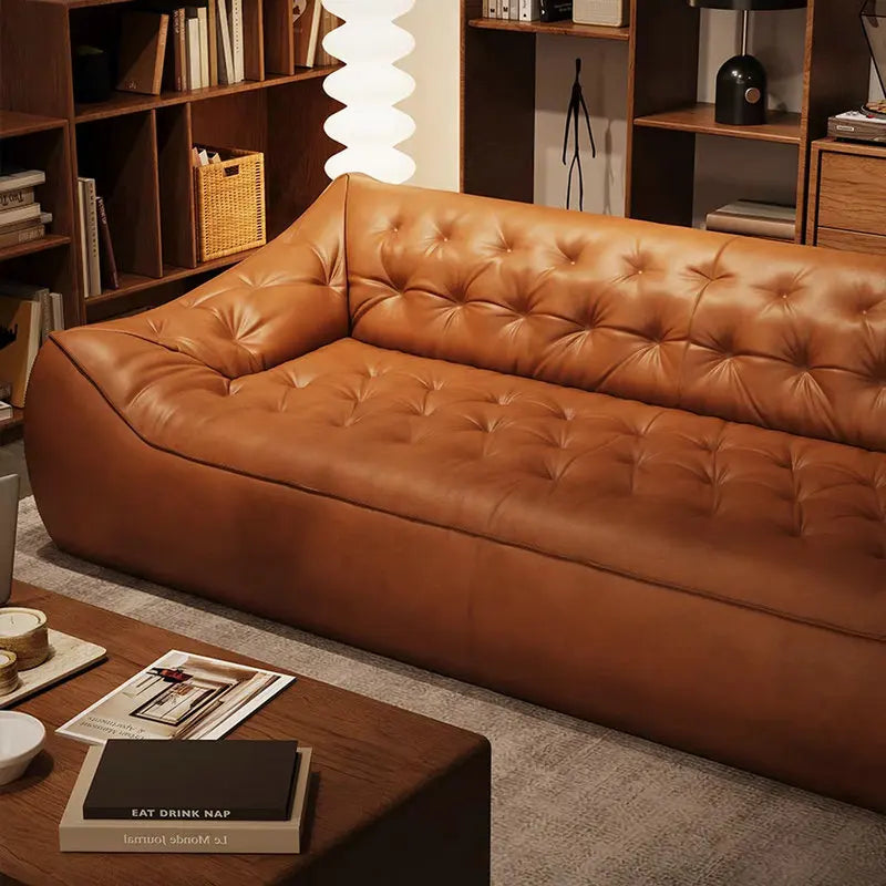 Mid-Century Modern Tan Synthetic Leather 3-Seat Sectional Sleeper Sofa Couch