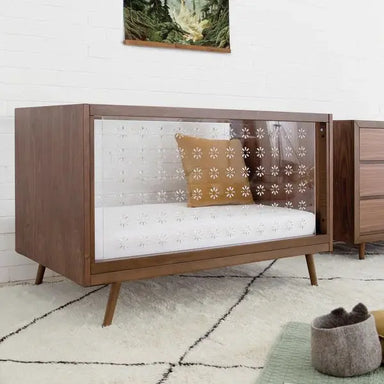 Premium Mid-Century Modern Mahogany Baby Crib with Clear Acrylic Sides Convertible Cot Bed
