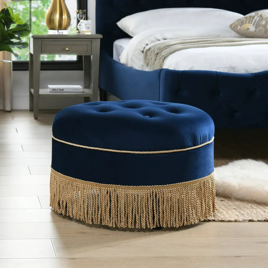 Luxurious Round Tufted Velvet Ottoman with Tassel Fringe, Elegant Accent Footstool for Home