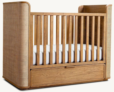 Premium Modern Baby Crib Handcrafted Teak Wood Cane Nursery with Storage Drawer