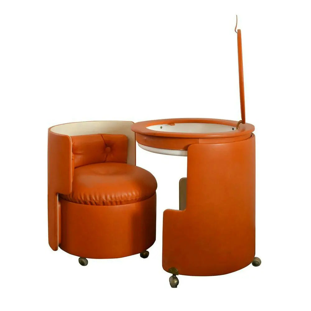 Mid-Century Wood Vanity Dressing Table with Round Mirror & Leather Stool