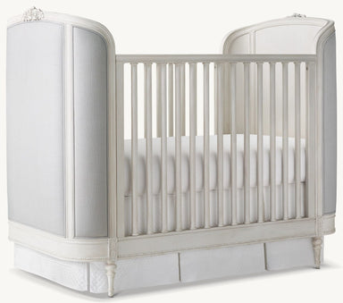 Classic French Convertible Baby Crib, Mahogany Wood, Upholstered Nursery Cot