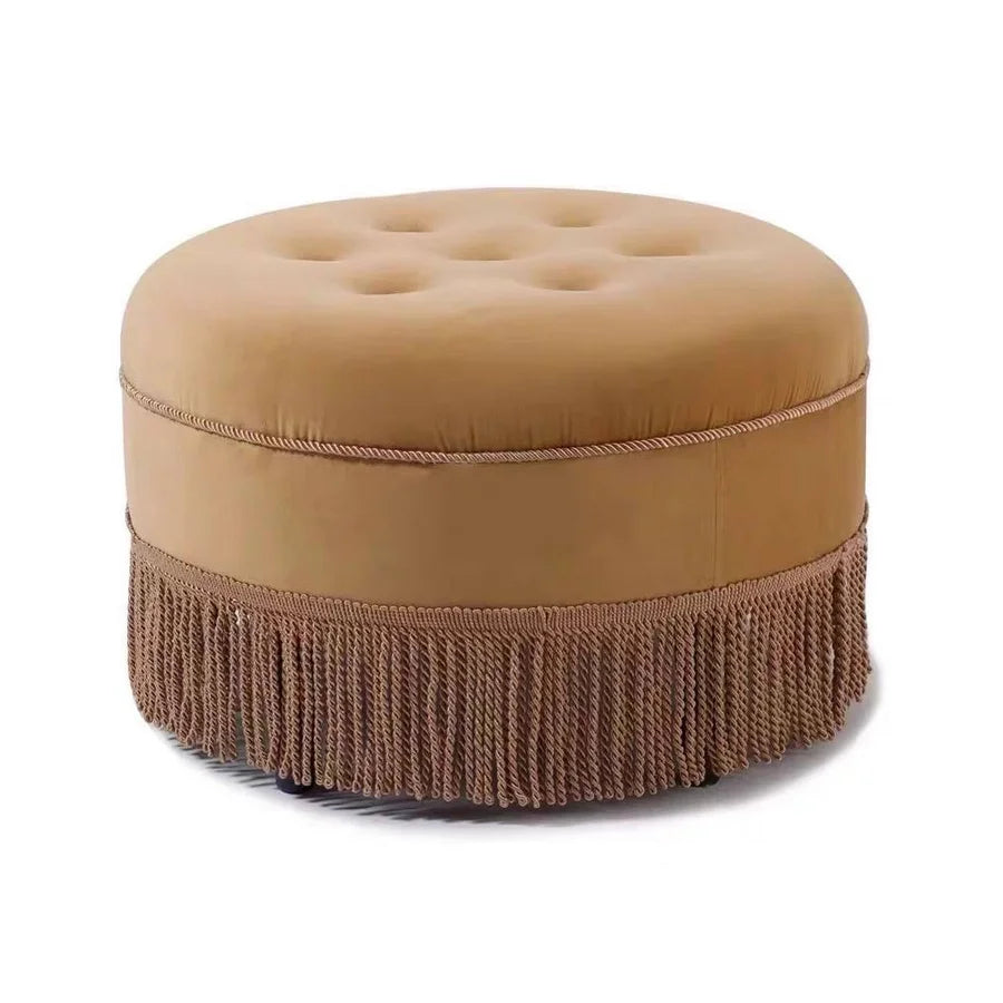 Luxurious Round Tufted Velvet Ottoman with Tassel Fringe, Elegant Accent Footstool for Home