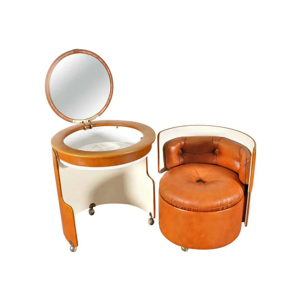 Mid-Century Wood Vanity Dressing Table with Round Mirror & Leather Stool