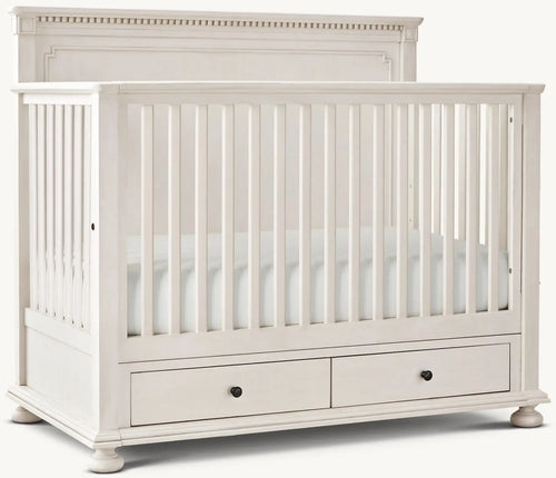 Elegant Antique White Mahogany Convertible Baby Crib with Integrated Storage Drawers