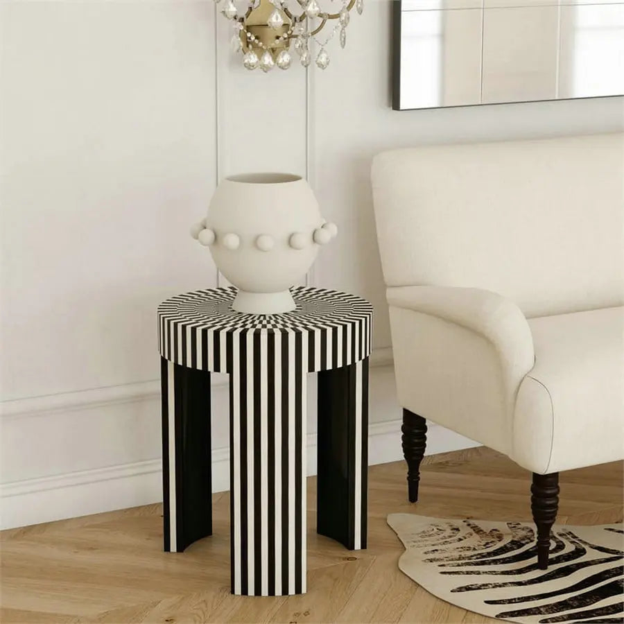 Hand-Cut Bone Inlay Round Coffee Table - Black & White Accent