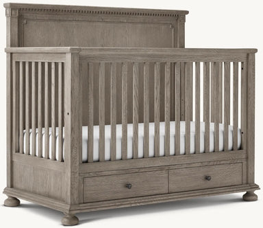 Craftsman Washed Gray Teak Convertible Baby Crib with Integrated Storage