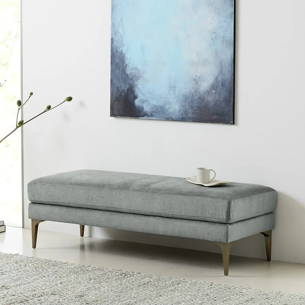 Modern Velvet Ottoman Bench, Gold Stainless Steel Legs, Elegant Living Room Footstool