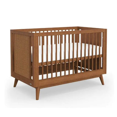Luxurious Teak Wood Convertible Baby Crib Mid-Century Rattan Panel Nursery Furniture