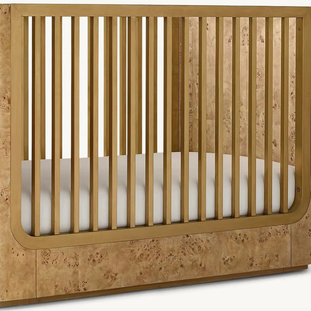 Luxury Convertible Teak Baby Crib, Burl Wood Accents, Sustainable Nursery Cot