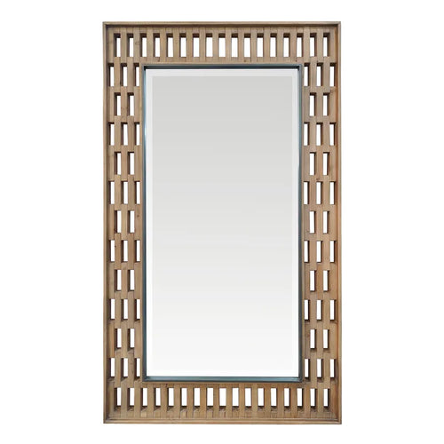 Rectangular mirror with a wooden lattice frame on a white background