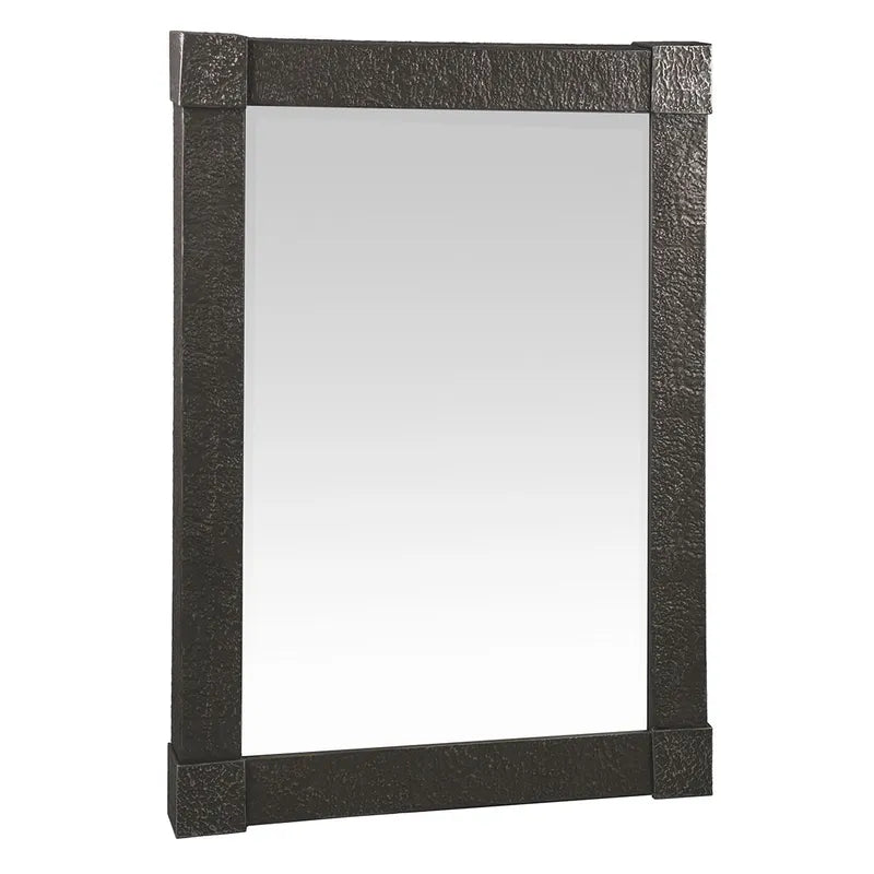 Rectangular mirror with a textured black frame on a white background