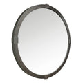 Round mirror with a textured black frame on a white background