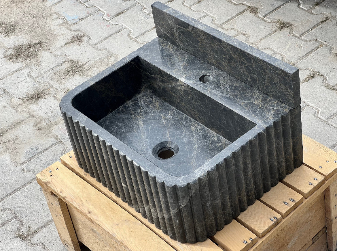 Bianca Black ribbed Bayat backsplash marble sink