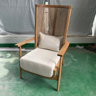 Elegant High Back Rattan Cane Solid Oak Wood Linen Seat Accent Chair